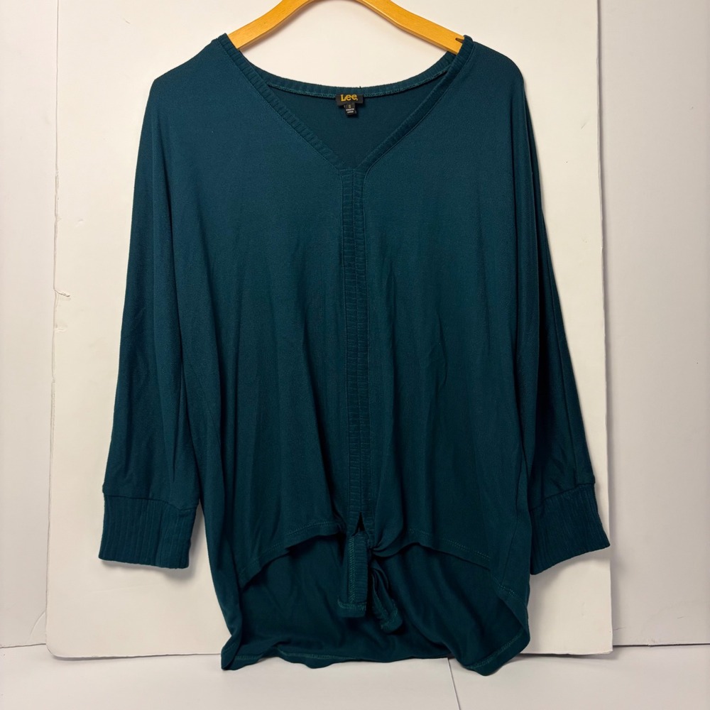 Lee Womens V-Neck Tie Front Top Green Long Sleeve Knit Blouse Small CS122621